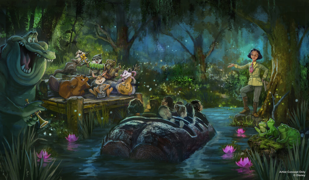 A first look at a new scene and some of the brand-new characters coming to Tiana’s Bayou Adventure.
