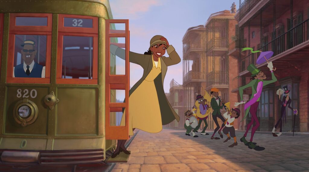 Tiana rides the trolley to another day of working hard to achieve her dreams.
